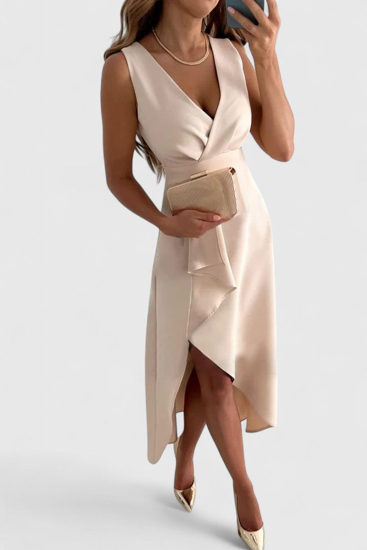 Victoria | Elegant Sleeveless Ruffle Wrap Midi Dress