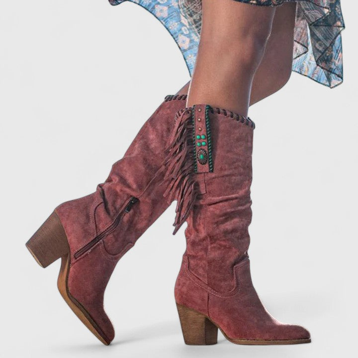 Violet | Embroidered Fringe Knee High Boots
