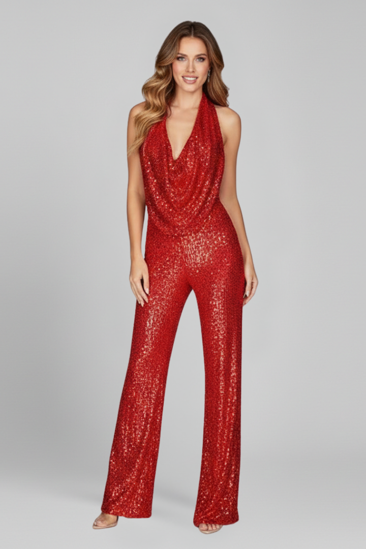 Ruby | Sequin Cowl Halter Neck Wide Leg Jumpsuit