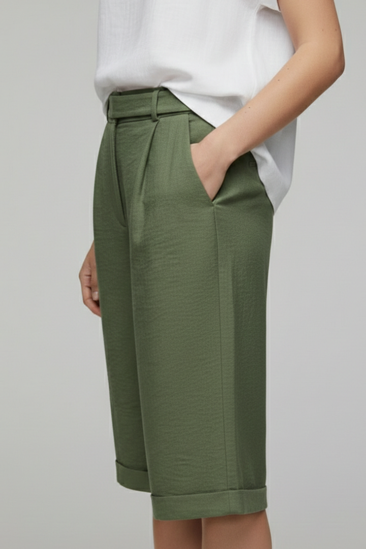 Iris | High Waisted Wide Leg Cuffed Bermuda Shorts