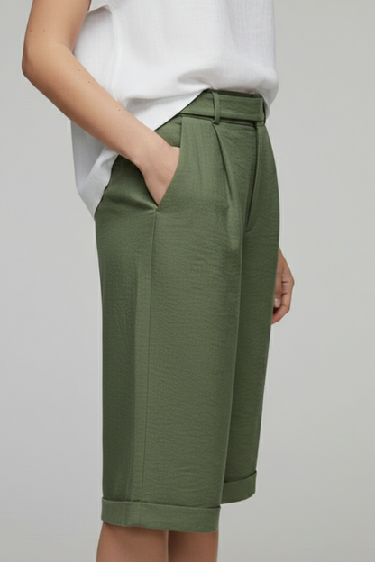 Iris | High Waisted Wide Leg Cuffed Bermuda Shorts