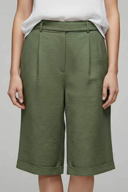 Iris | High Waisted Wide Leg Cuffed Bermuda Shorts