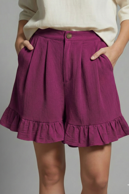 Violet | High Waisted Ruffle Hem Pleated Shorts