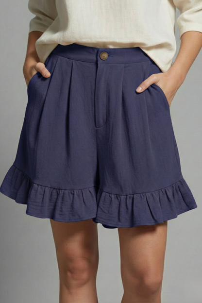 Violet | High Waisted Ruffle Hem Pleated Shorts