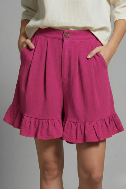 Violet | High Waisted Ruffle Hem Pleated Shorts
