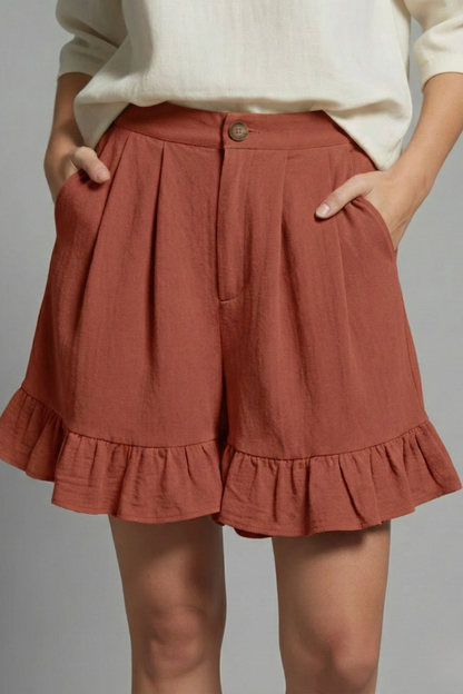 Violet | High Waisted Ruffle Hem Pleated Shorts