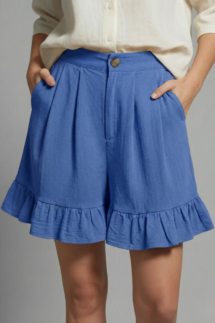 Violet | High Waisted Ruffle Hem Pleated Shorts