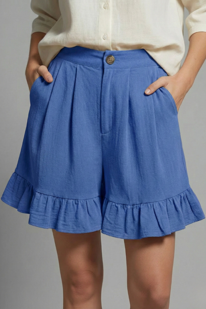 Violet | High Waisted Ruffle Hem Pleated Shorts