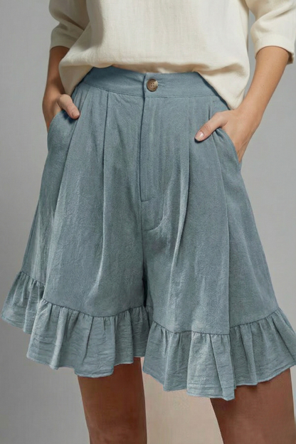 Violet | High Waisted Ruffle Hem Pleated Shorts