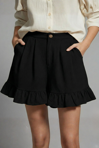 Violet | High Waisted Ruffle Hem Pleated Shorts