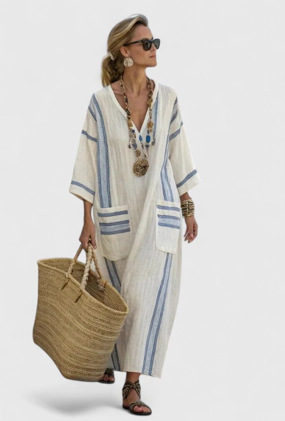 Zoe | Striped Linen Boho Maxi Dress