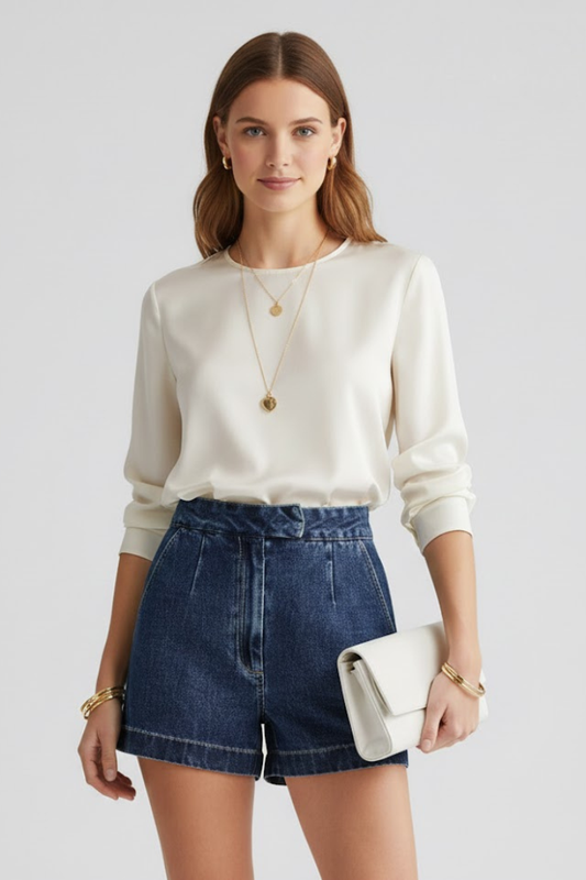 Leah | High Waisted Rolled Hem Denim Shorts