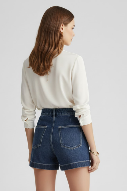 Leah | High Waisted Rolled Hem Denim Shorts