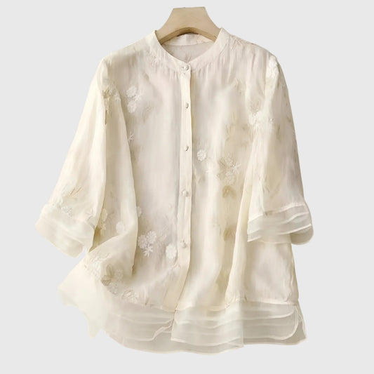 Leah | Embroidered Flower Sheer Blouse Top