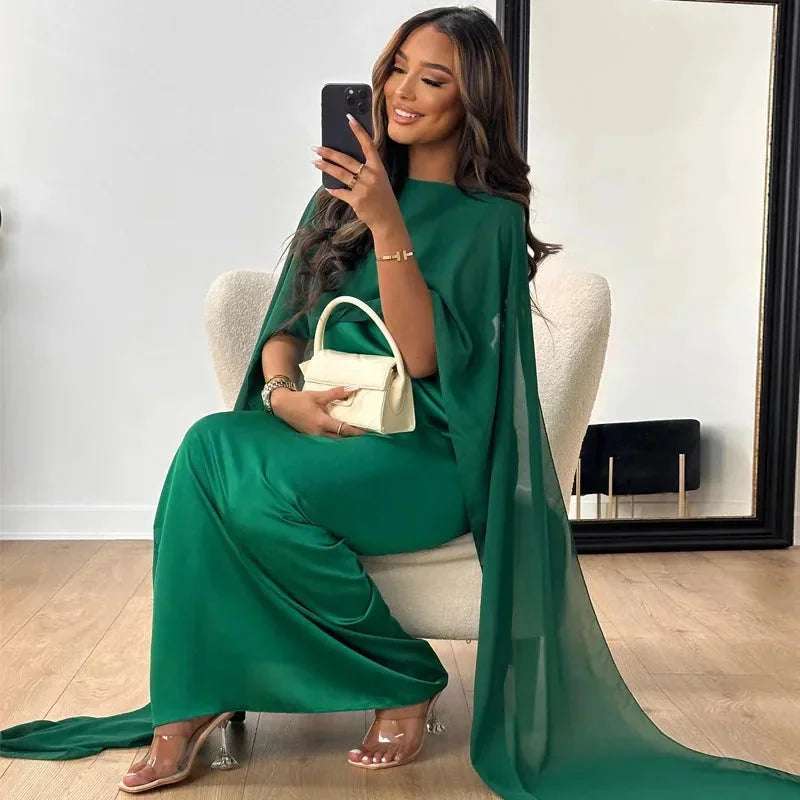 Serena | Elegant Cape Maxi Dress for Wedding Guest