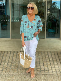 Coral | Floral Button Front Blouse With V-Neck