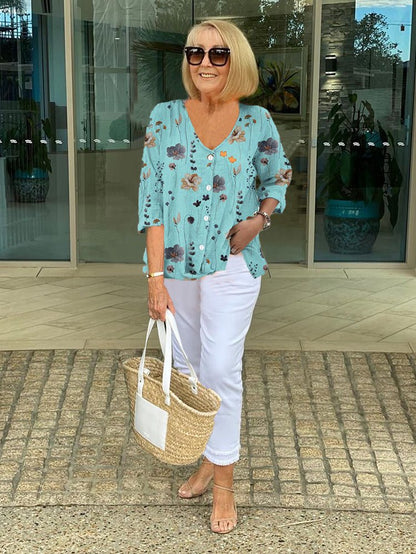 Coral | Floral Button Front Blouse With V-Neck