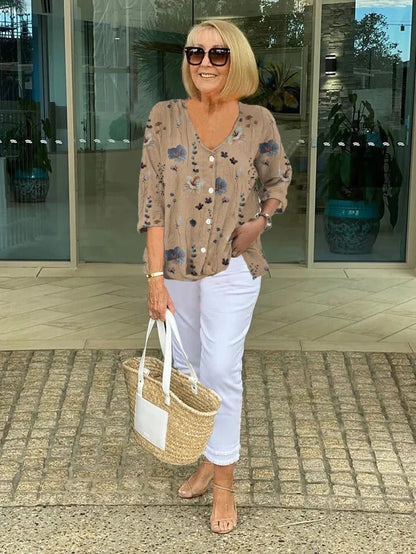 Coral | Floral Button Front Blouse With V-Neck