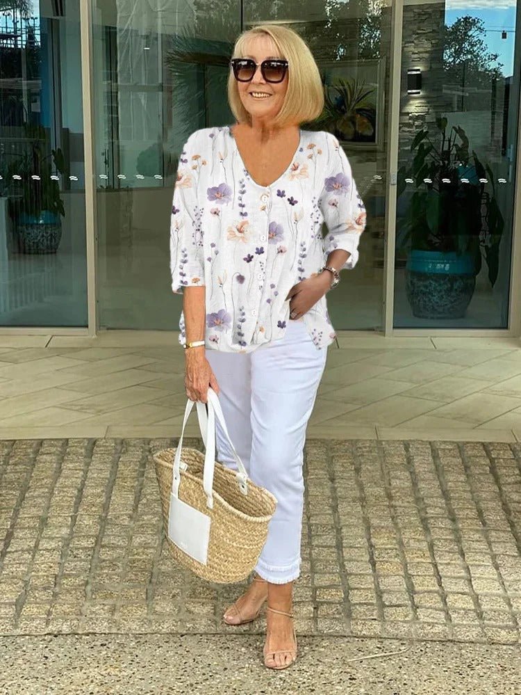 Coral | Floral Button Front Blouse With V-Neck