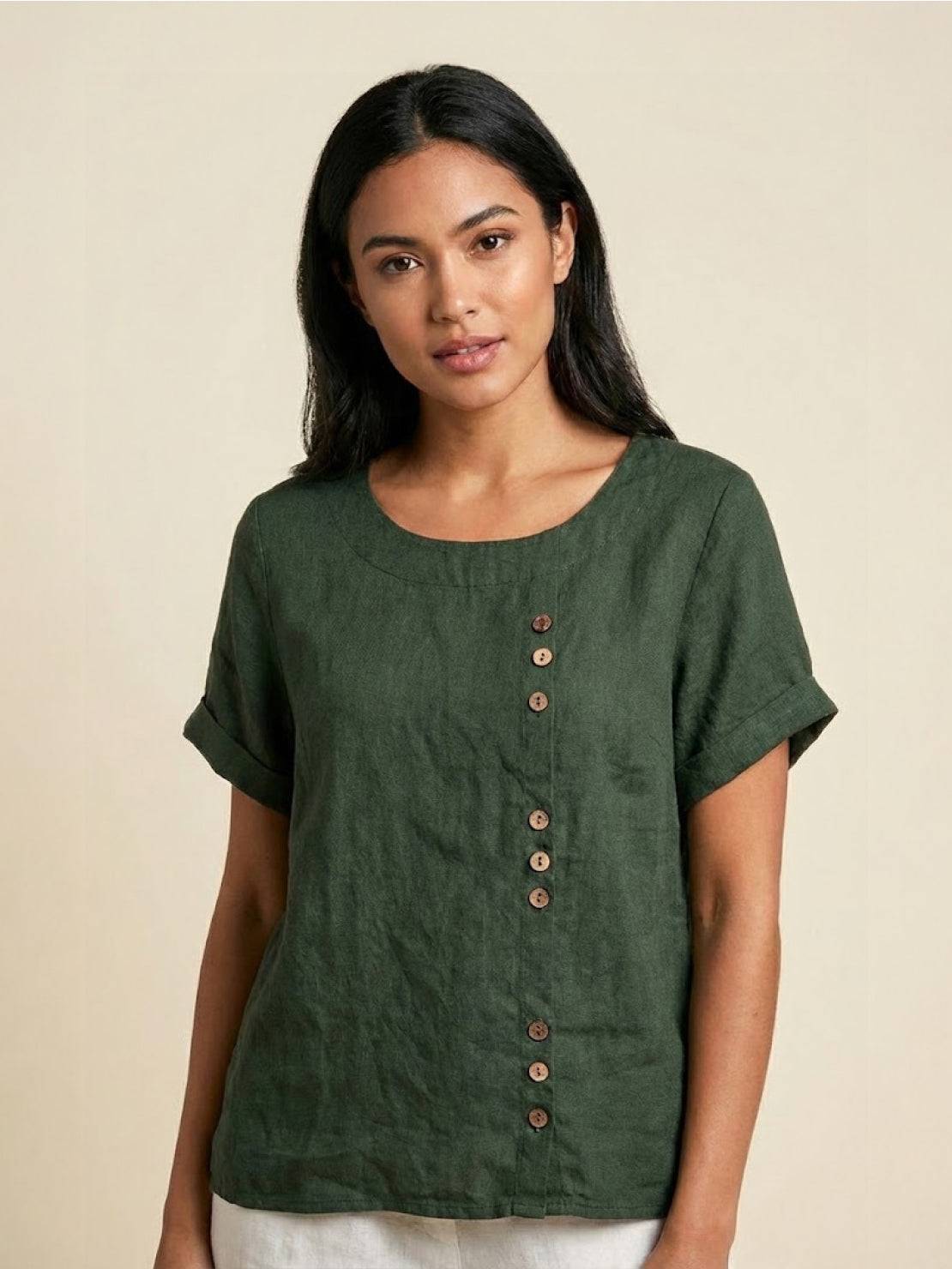 Maren | Comfortable Button Blouse Top With Crew Neck