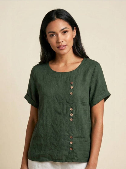 Maren | Comfortable Button Blouse Top With Crew Neck