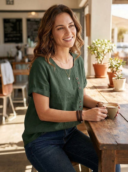 Maren | Comfortable Button Blouse Top With Crew Neck