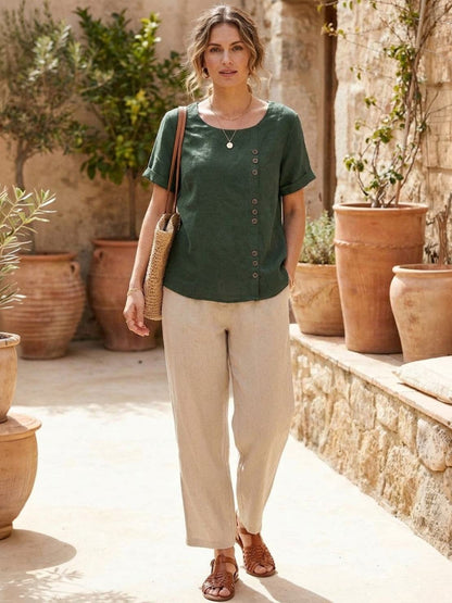 Maren | Comfortable Button Blouse Top With Crew Neck