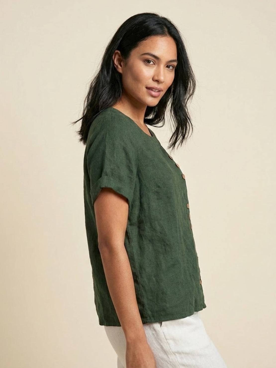 Maren | Comfortable Button Blouse Top With Crew Neck