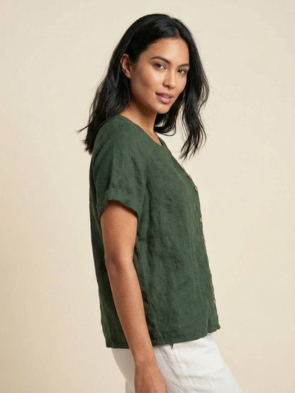 Maren | Comfortable Button Blouse Top With Crew Neck