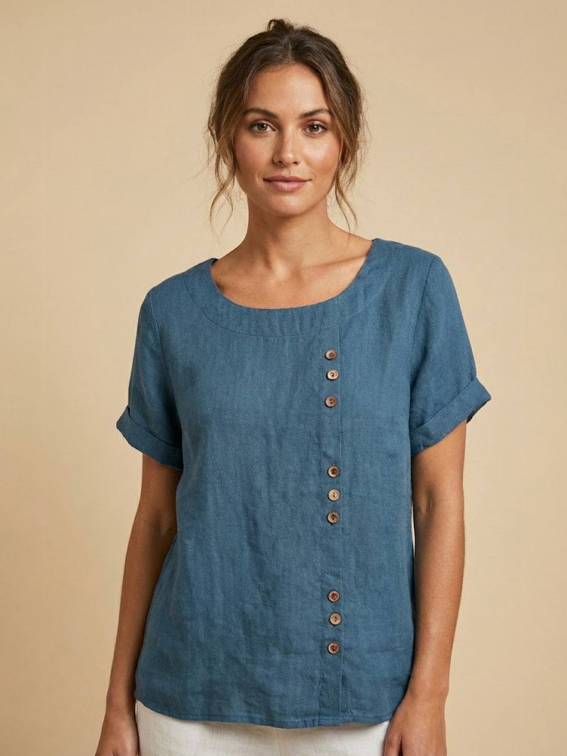 Maren | Comfortable Button Blouse Top With Crew Neck