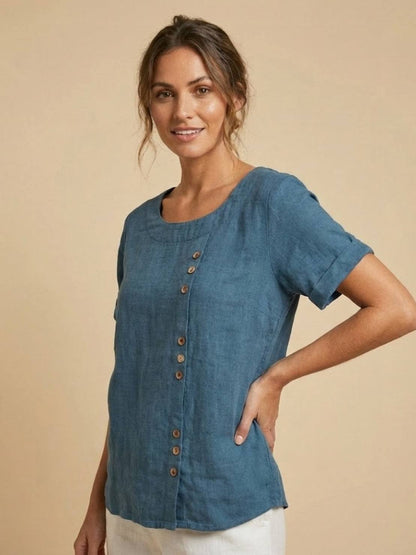 Maren | Comfortable Button Blouse Top With Crew Neck