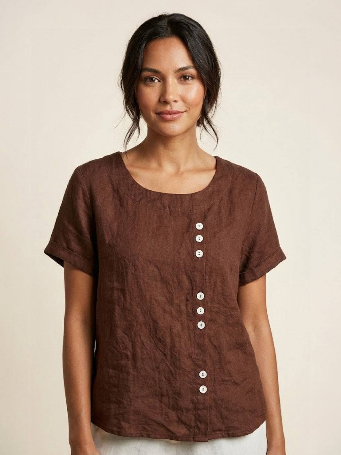 Maren | Comfortable Button Blouse Top With Crew Neck