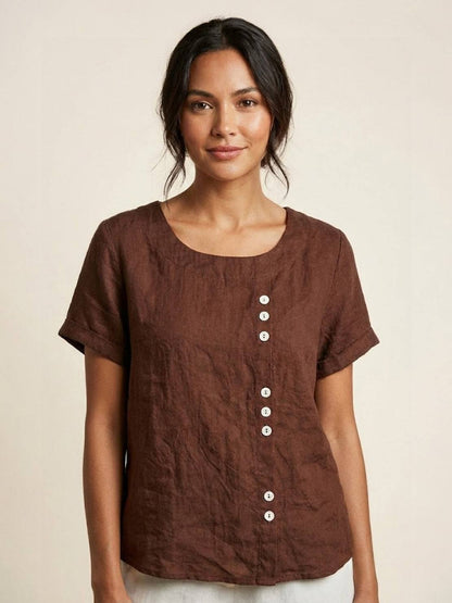Maren | Comfortable Button Blouse Top With Crew Neck