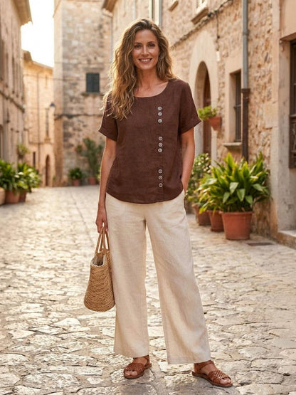 Maren | Comfortable Button Blouse Top With Crew Neck