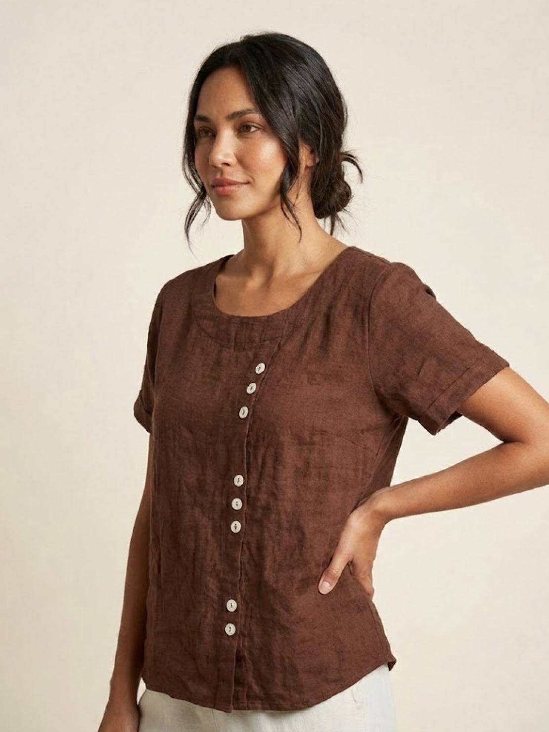 Maren | Comfortable Button Blouse Top With Crew Neck