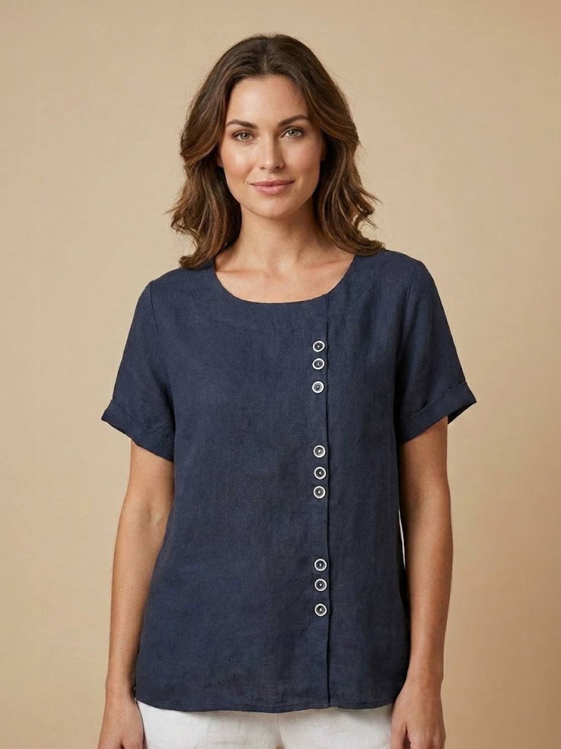 Maren | Comfortable Button Blouse Top With Crew Neck