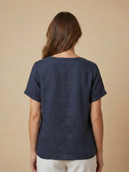 Maren | Comfortable Button Blouse Top With Crew Neck