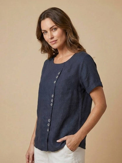 Maren | Comfortable Button Blouse Top With Crew Neck