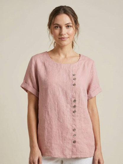 Maren | Comfortable Button Blouse Top With Crew Neck