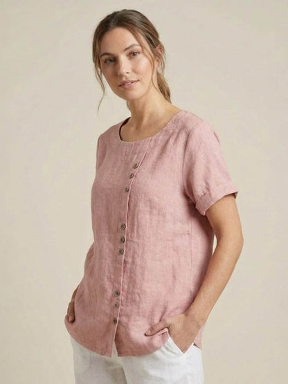 Maren | Comfortable Button Blouse Top With Crew Neck