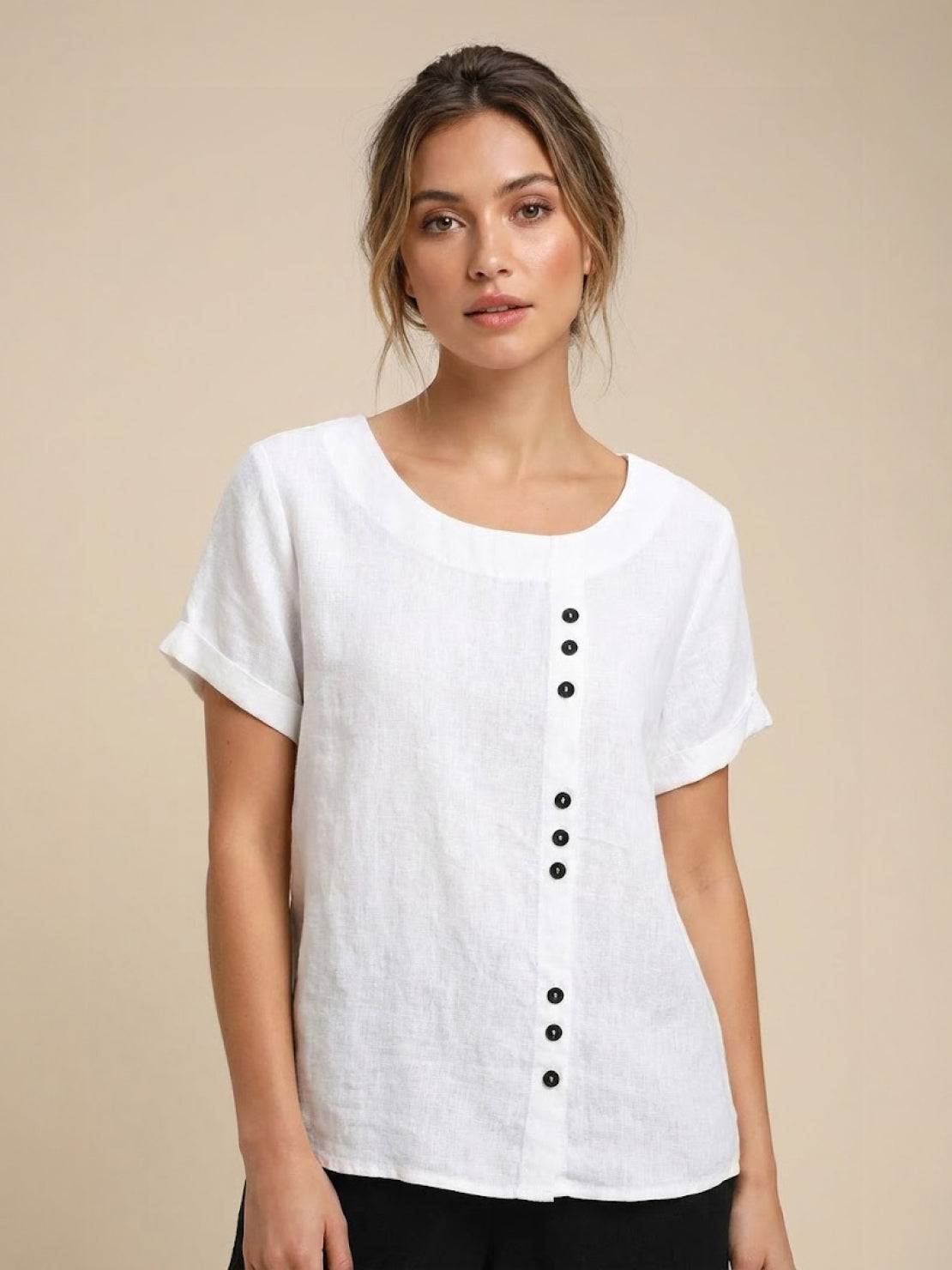 Maren | Comfortable Button Blouse Top With Crew Neck