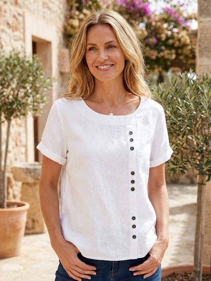 Maren | Comfortable Button Blouse Top With Crew Neck