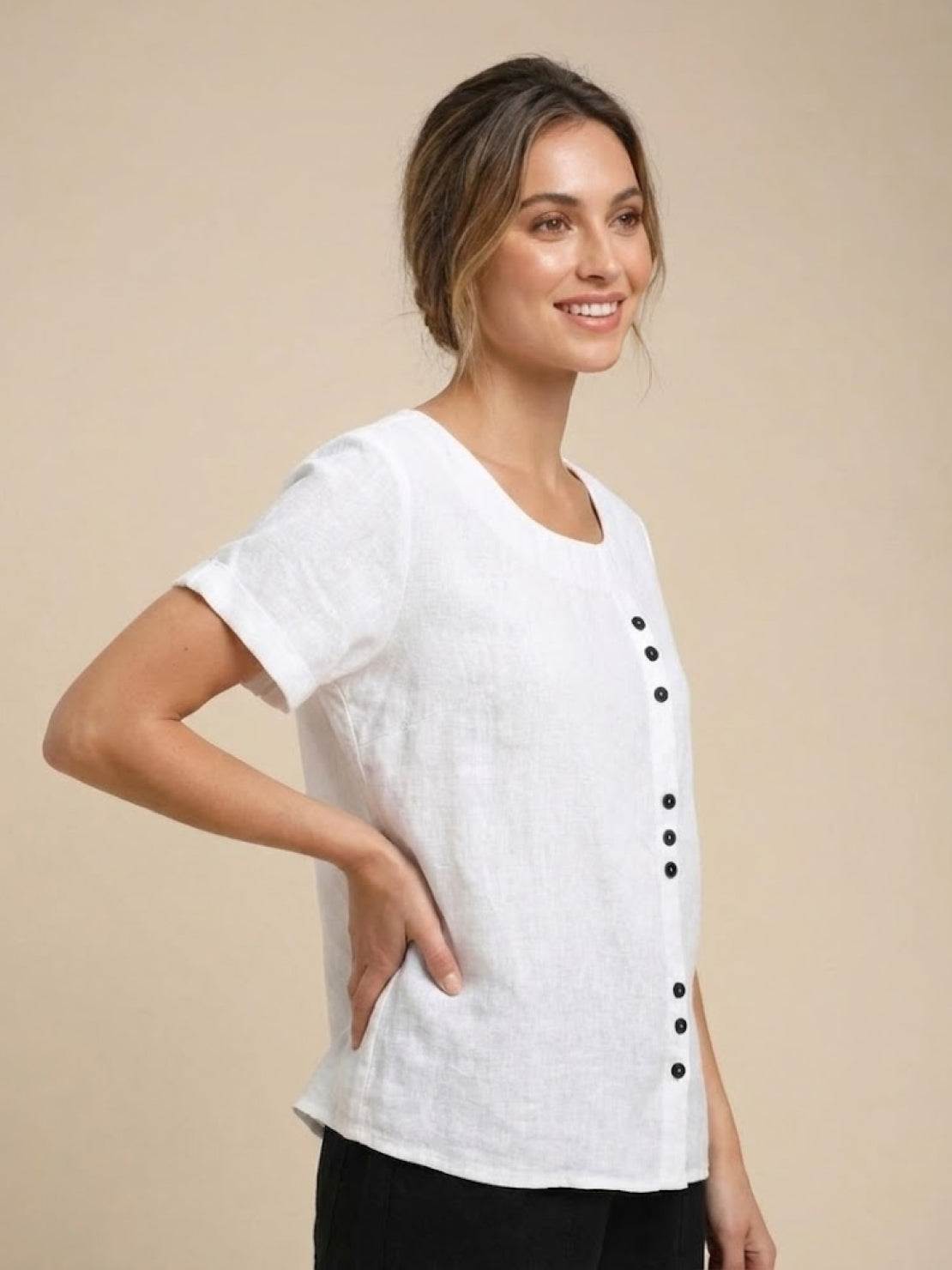 Maren | Comfortable Button Blouse Top With Crew Neck