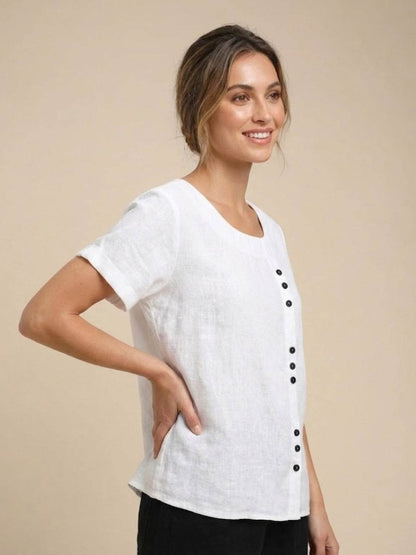 Maren | Comfortable Button Blouse Top With Crew Neck
