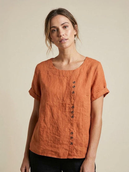 Maren | Comfortable Button Blouse Top With Crew Neck