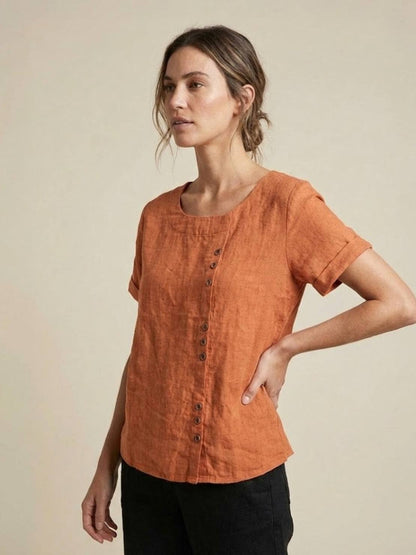 Maren | Comfortable Button Blouse Top With Crew Neck