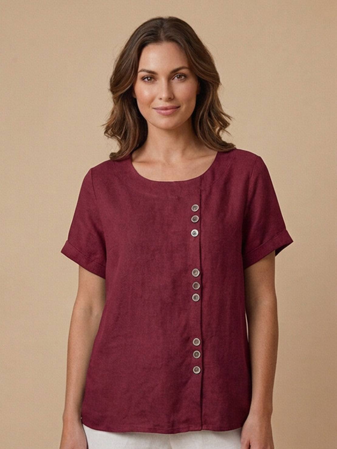 Maren | Comfortable Button Blouse Top With Crew Neck