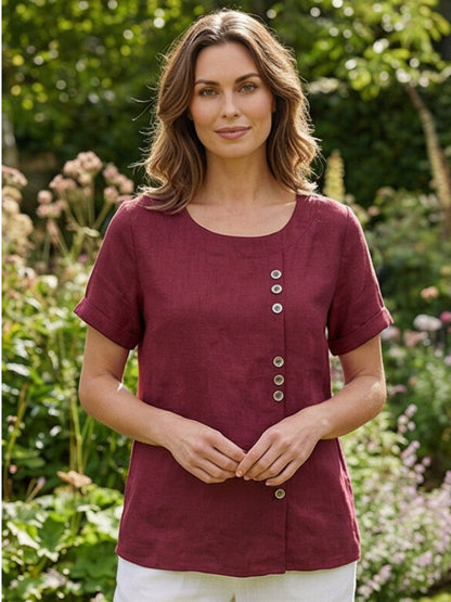 Maren | Comfortable Button Blouse Top With Crew Neck