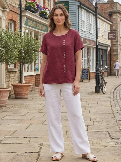 Maren | Comfortable Button Blouse Top With Crew Neck