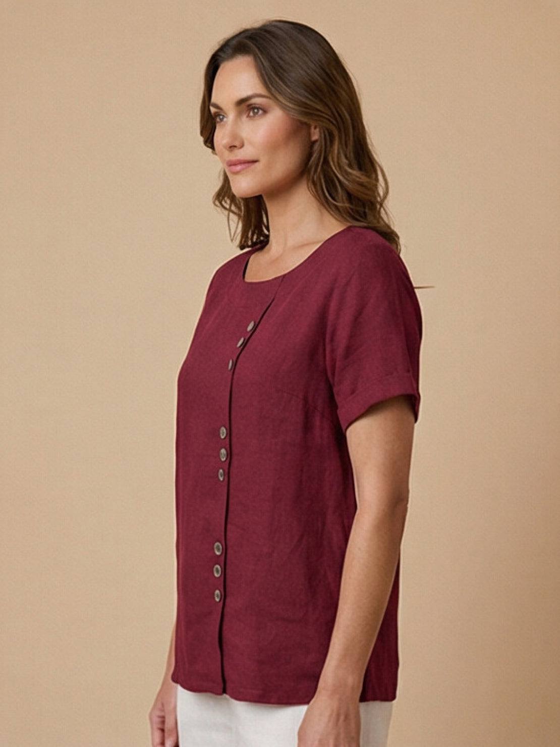 Maren | Comfortable Button Blouse Top With Crew Neck